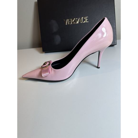 Authentic Versace Pink Patent Leather Pointed Toe Heels Medusa Size 38.5 - Picture 4 of 12